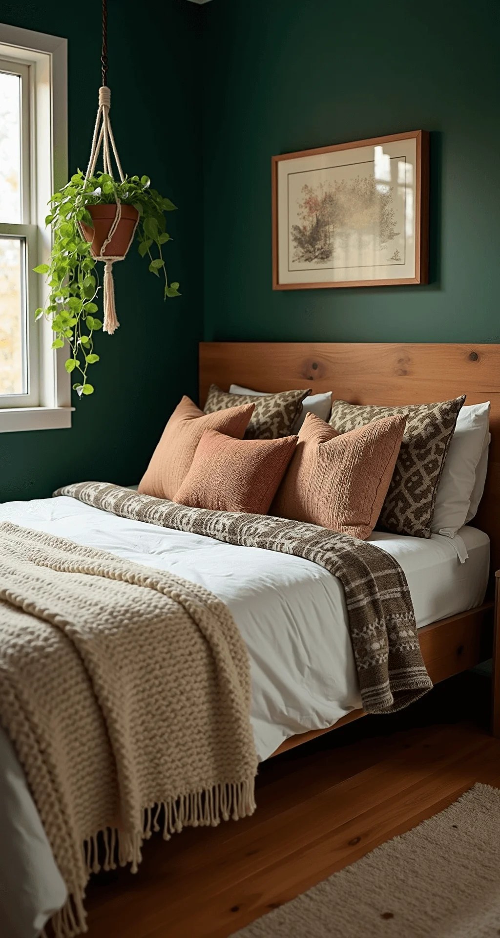 Canopy bed draped with soft green fabrics for tranquility