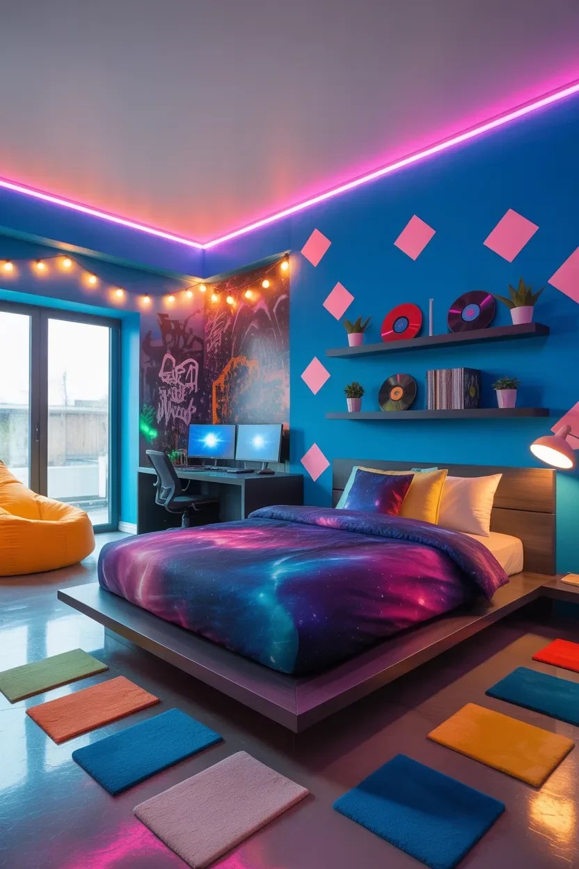 Vibrant LED oasis enhancing teen bedroom ambiance.