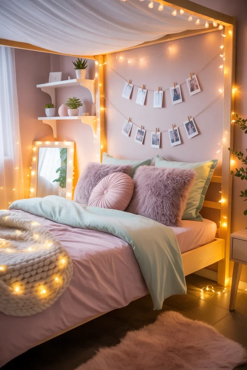 Teen bedroom with vibrant LED lighting accents.