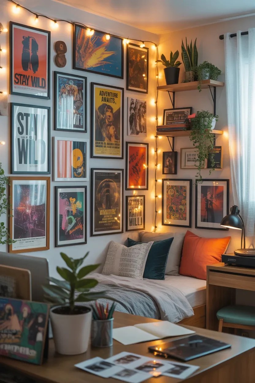Artistic gallery wall filled with colorful posters.