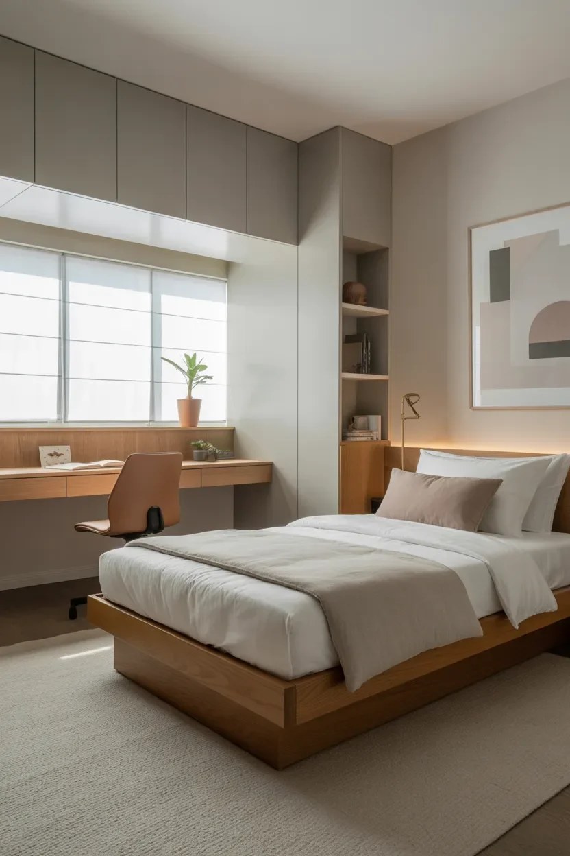 Industrial chic bedroom featuring metal and wood accents.