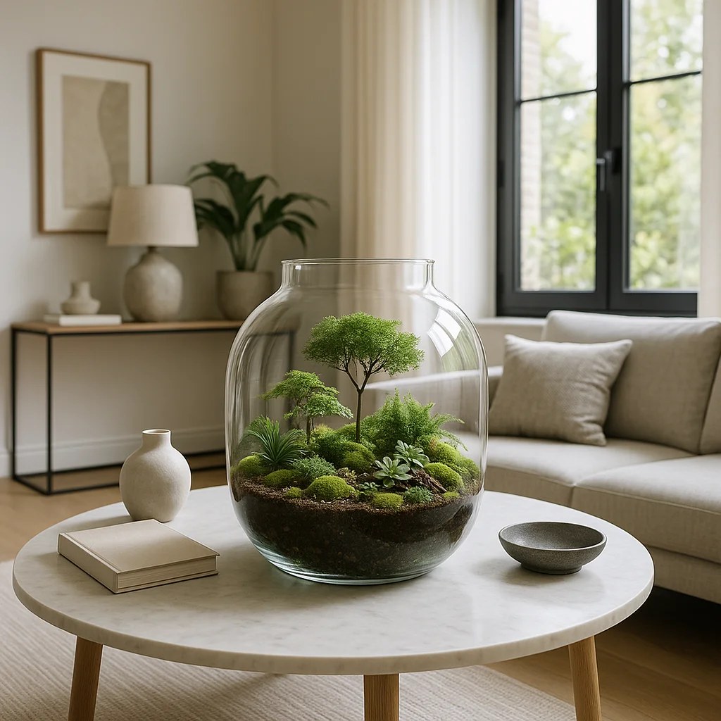Beautiful glass terrarium with lush greenery and pebbles.