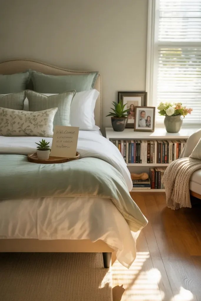 Cozy guest bedroom featuring soft hues and plush bedding.