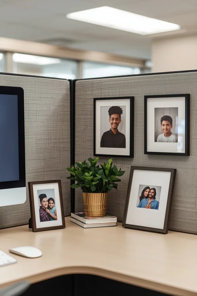 Removable wallpaper adding personal flair to the cubicle.