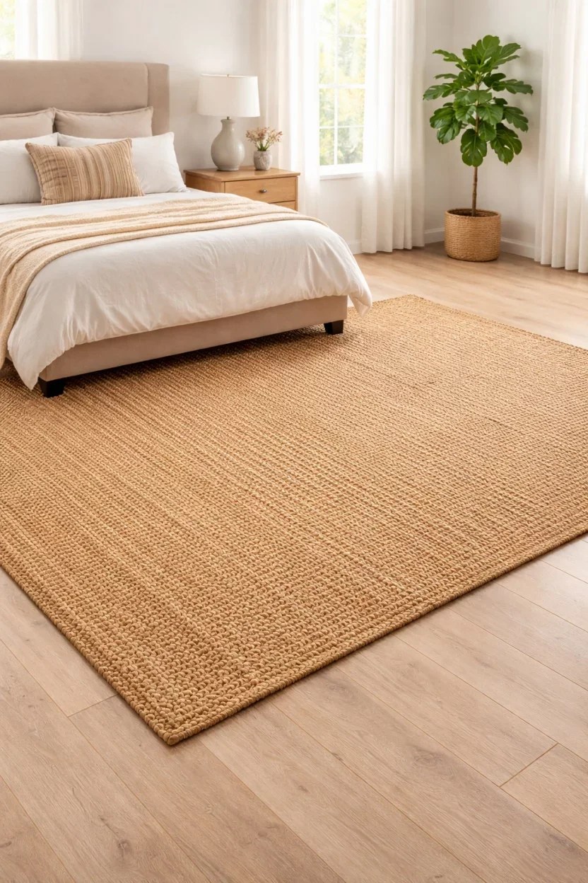 Natural wood accents used throughout the bedroom decor.