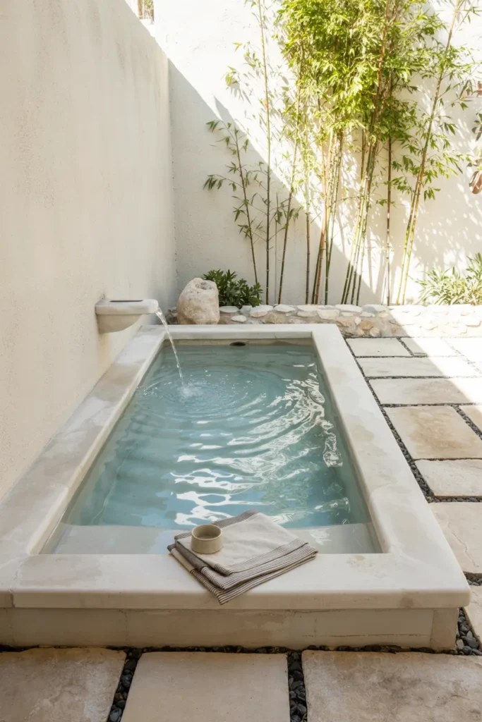 Inviting small plunge pool ideas surrounded by vibrant flowers and greenery