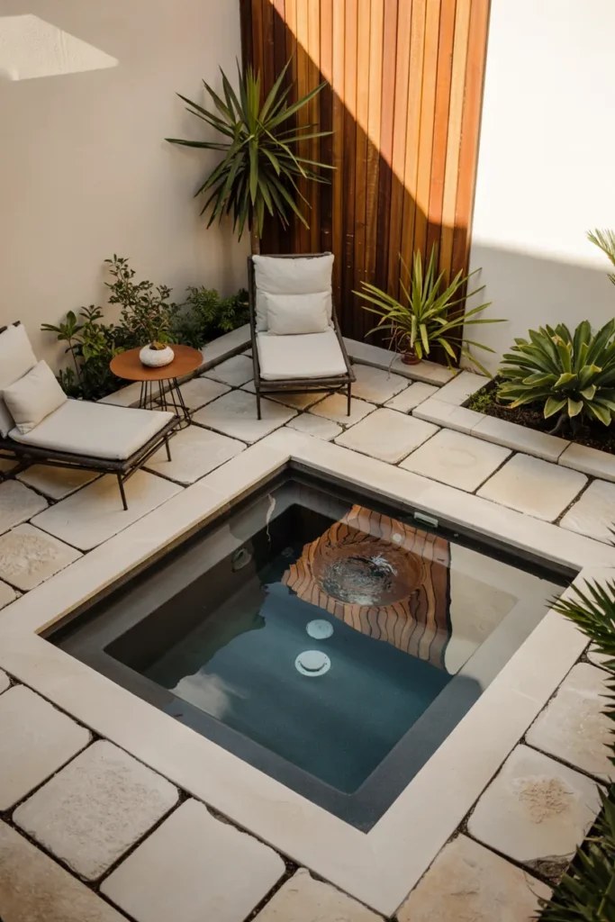 Intimate outdoor dining space with nearby small plunge pool ideas