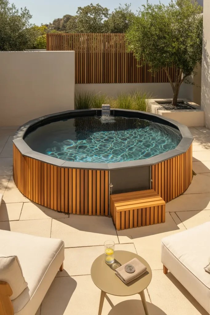 Quiet corner of a garden showcasing lush small plunge pool ideas