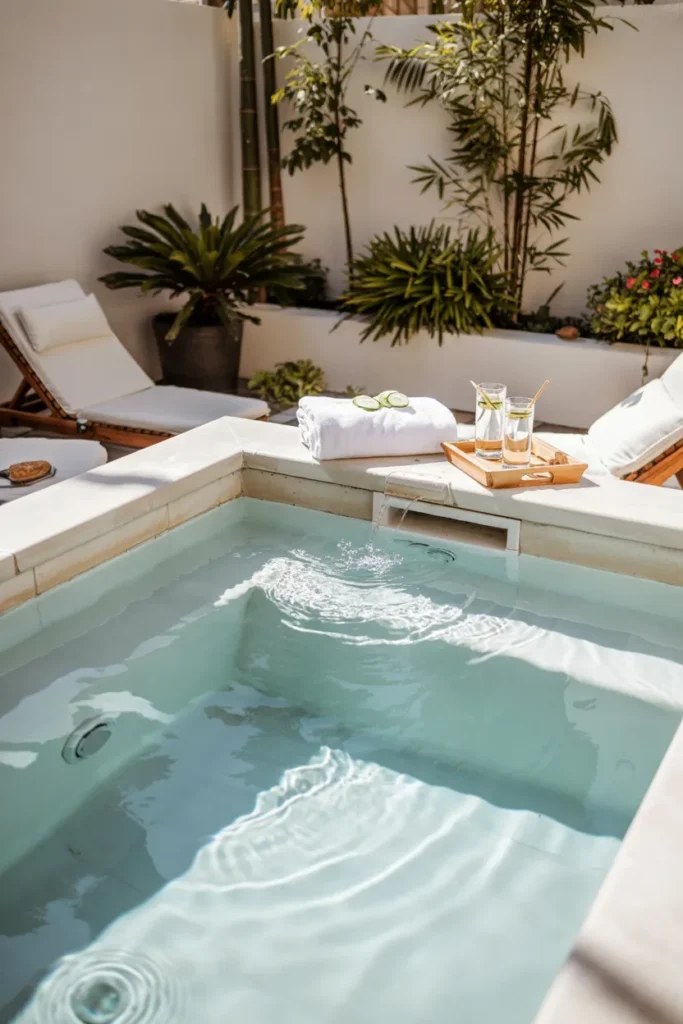Peaceful retreat featuring small plunge pool ideas with plush seating