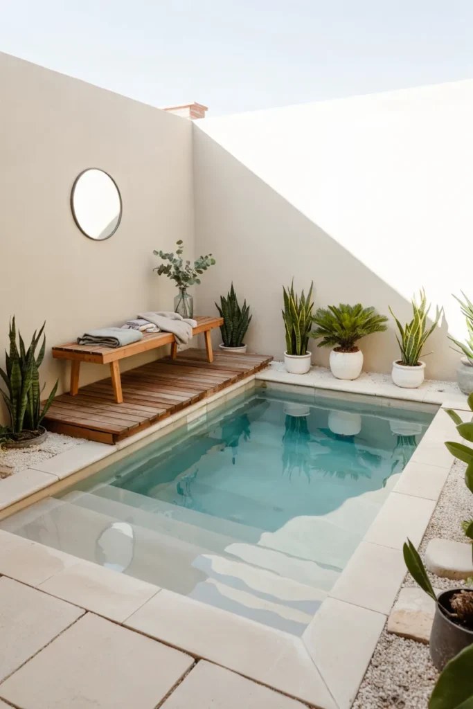 Charming tropical garden showcasing small plunge pool ideas and lush plants