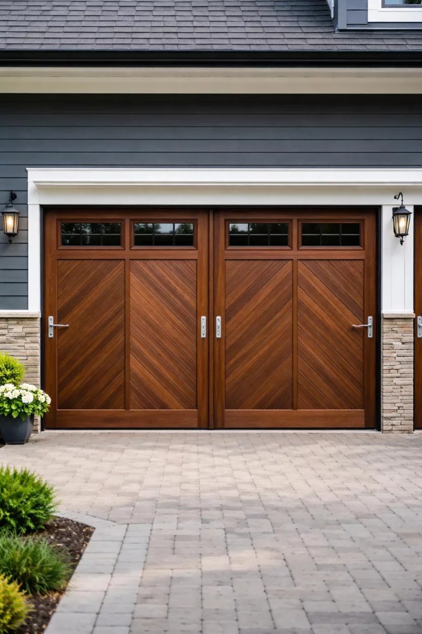 Charming barn-style garage door mounted on a sliding track.