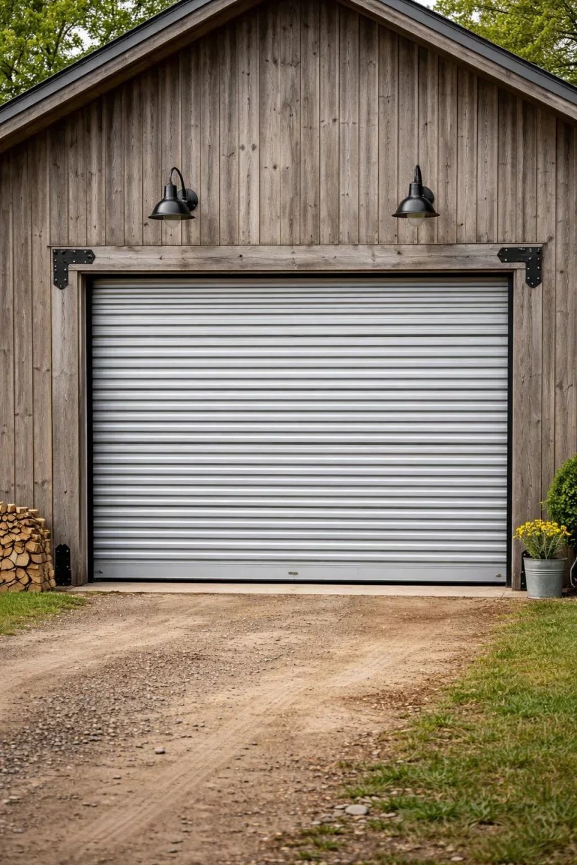 Geometric garage door design with artistic cutouts.