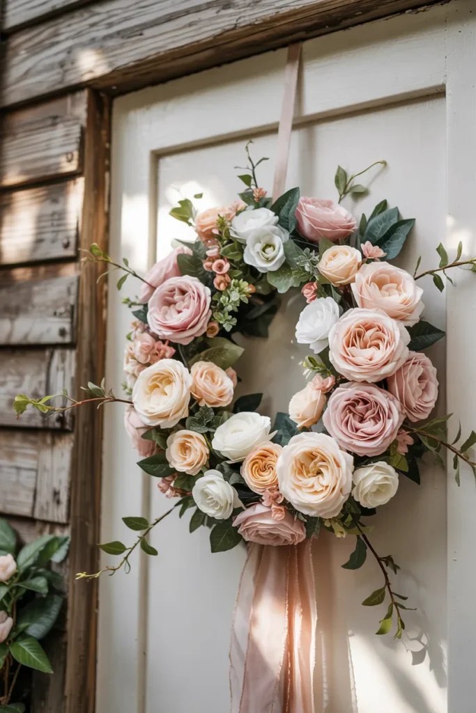 Luxurious summer door hanger ideas including metallic accents and fresh greenery