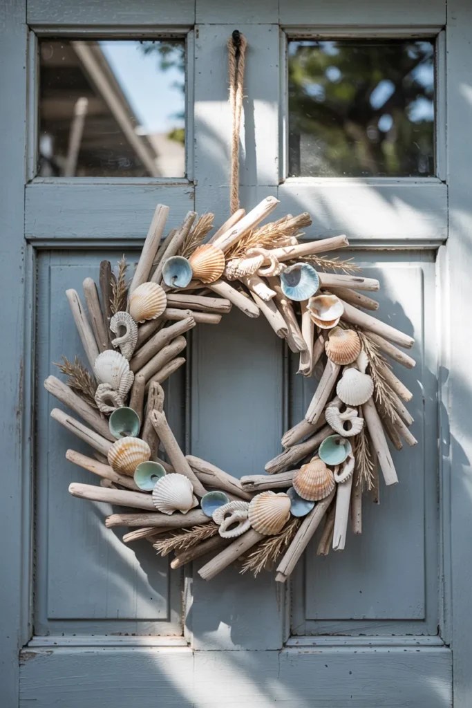 Whimsical summer door hanger ideas using seashells and coastal accents