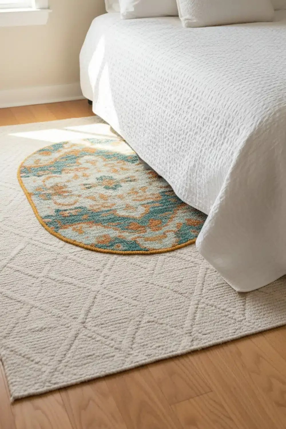 Layered rugs adding warmth and texture to a cozy bedroom