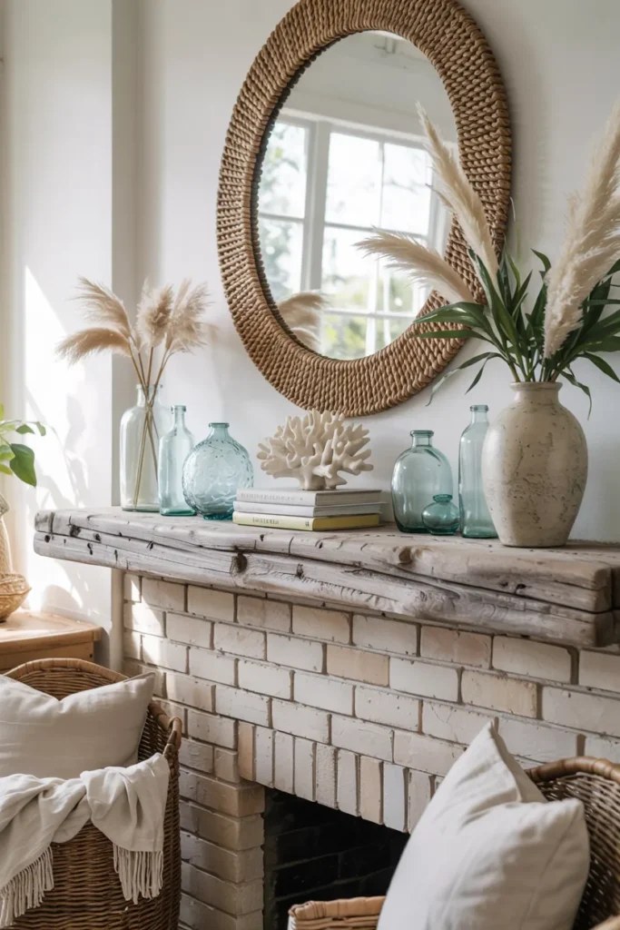 Rustic woodframe mirror reflecting summer mantel decor ideas