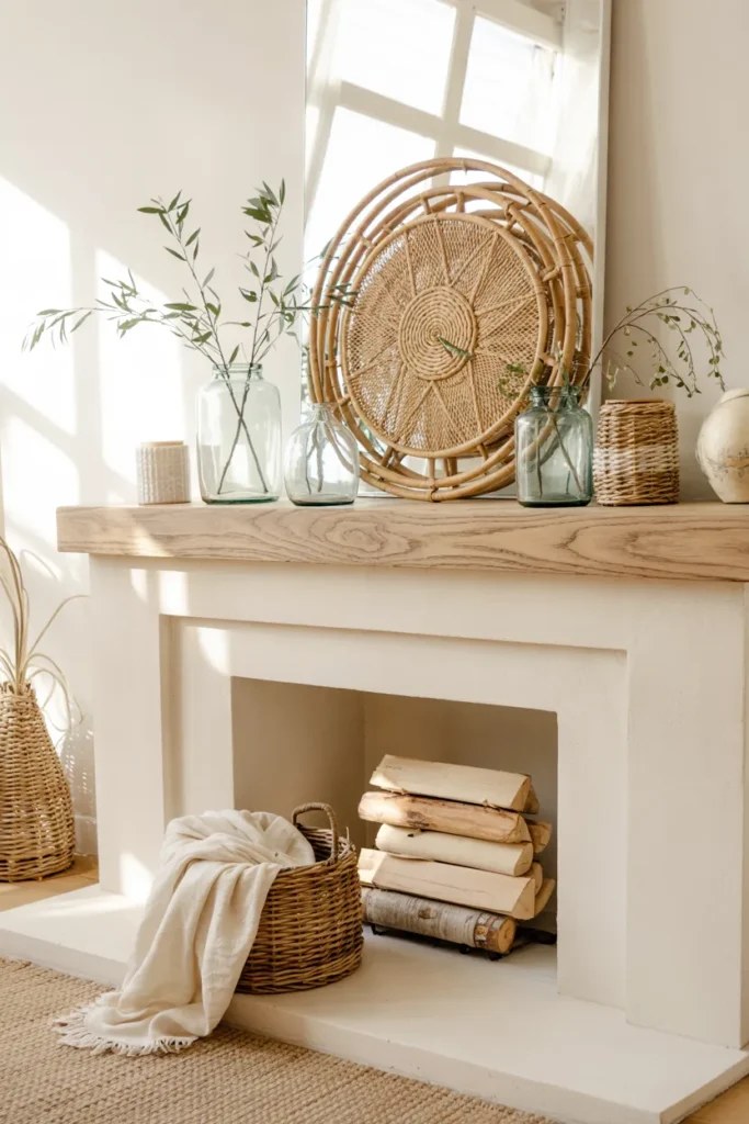 Vibrant blue and white vases in summer mantel decor ideas