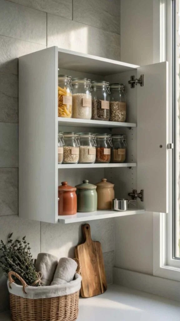 Coordinated canisters with labels enhancing pantry looks.