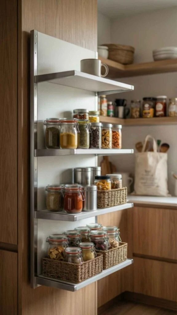 Old bookshelf transformed into a quaint pantry unit.
