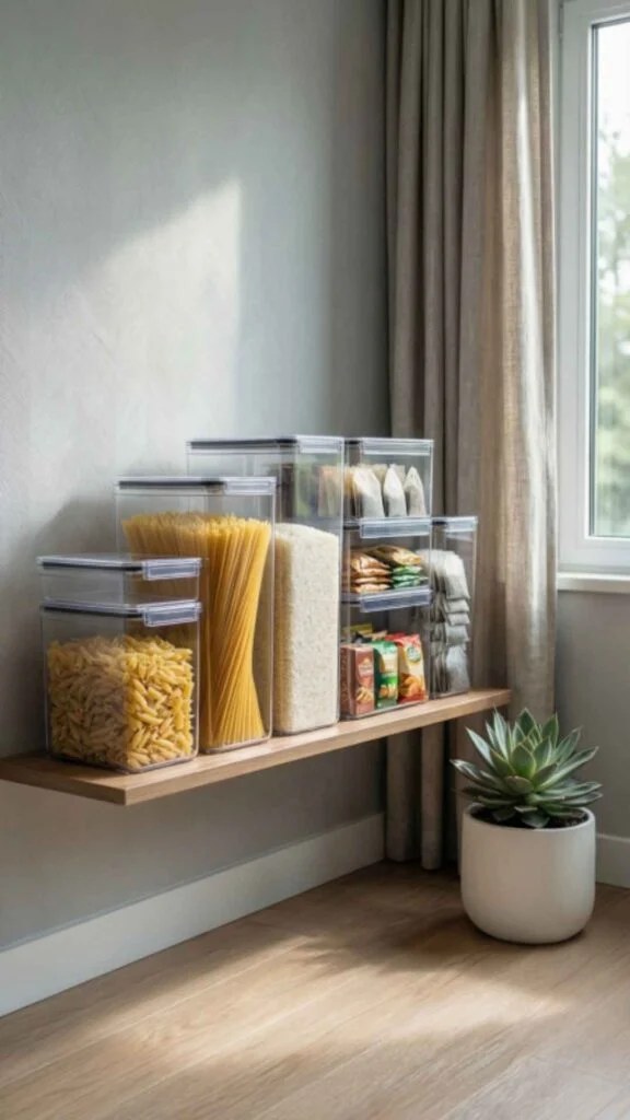 Air-tight containers preserving pantry ingredients fresh.