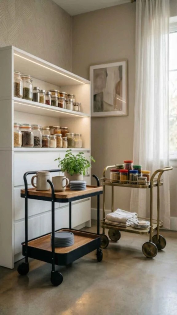 Rolling kitchen cart with stylish storage for easy access.
