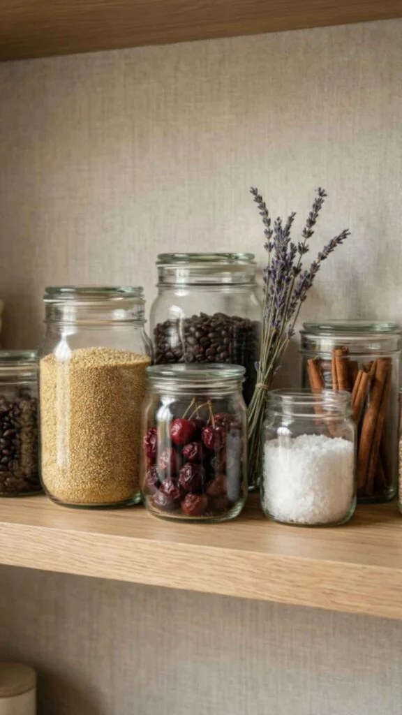 Glass jar shelving filled with colorful pantry essentials.