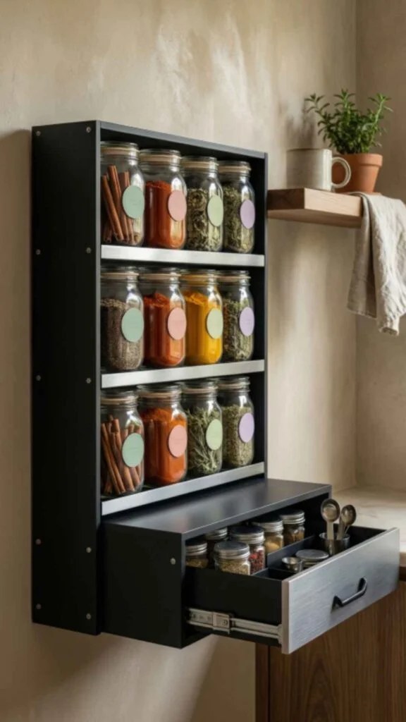 Under-cabinet LED lighting illuminating pantry contents.