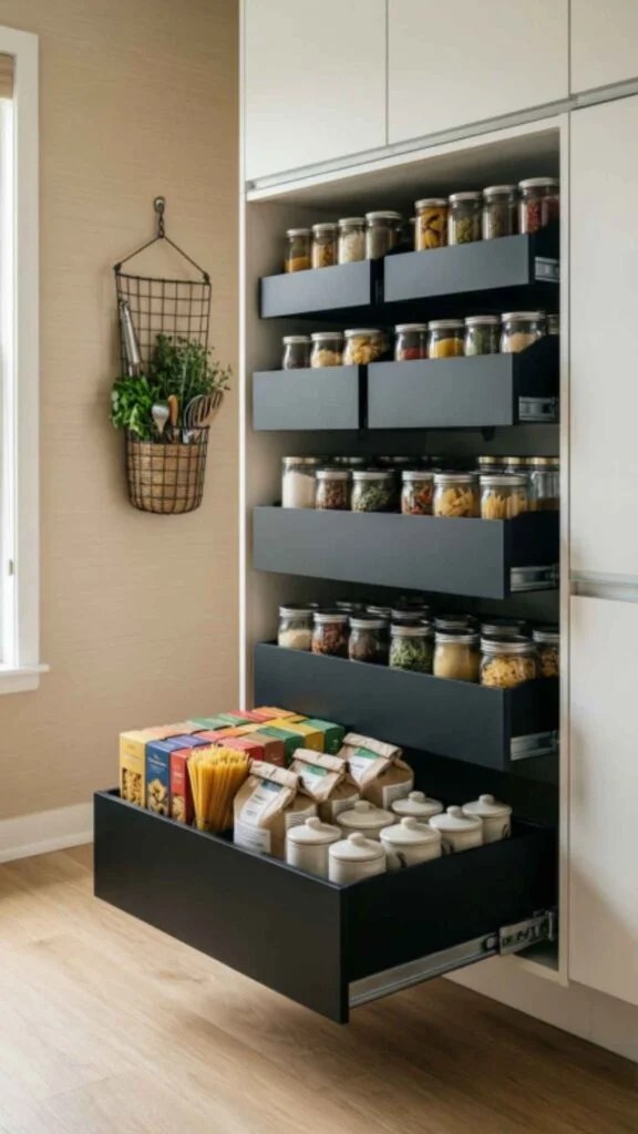 Tension rods holding wraps for efficient pantry space.