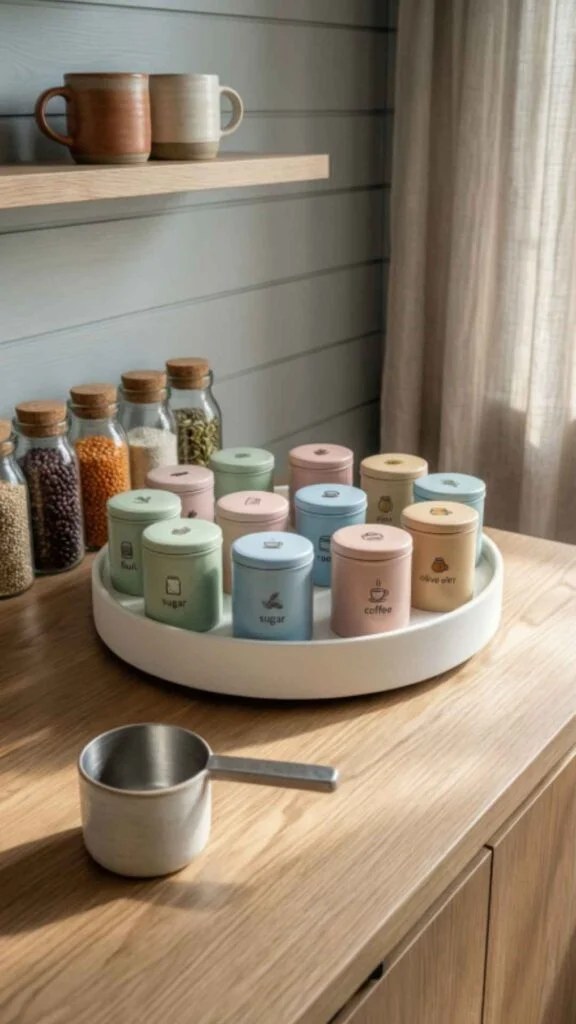 Tiered rotating pantry rack for easy ingredient access.