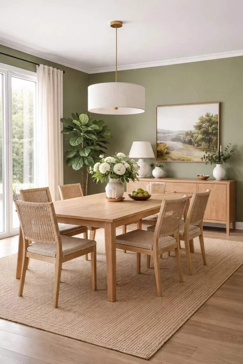 Sophisticated green dining room ideas featuring rich textures
