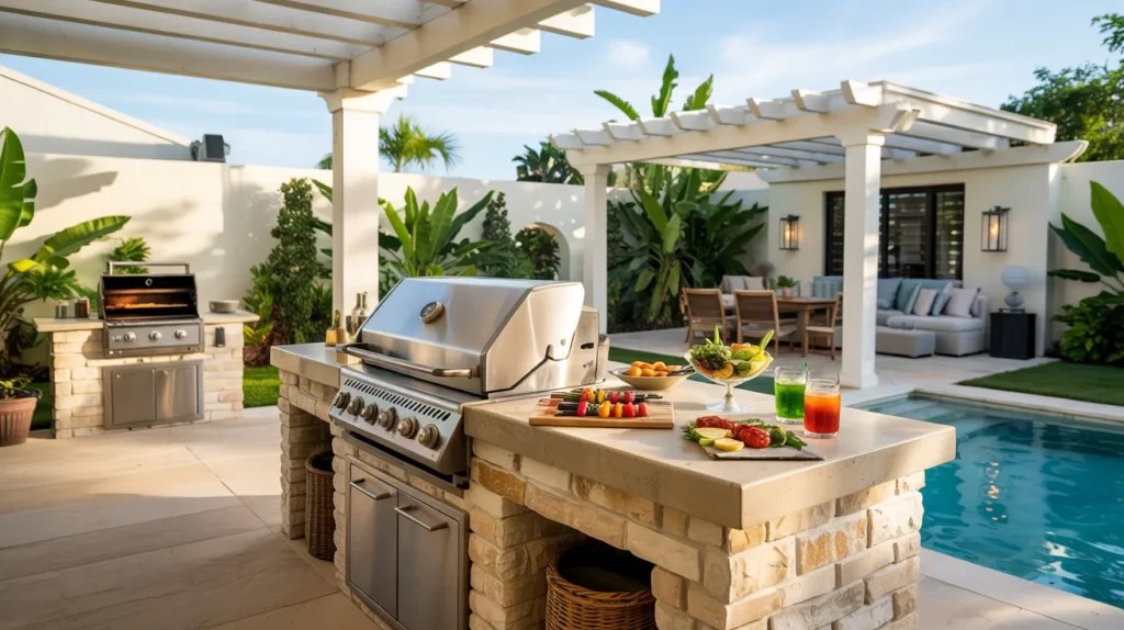 Charming outdoor BBQ station ideas with compact seating area