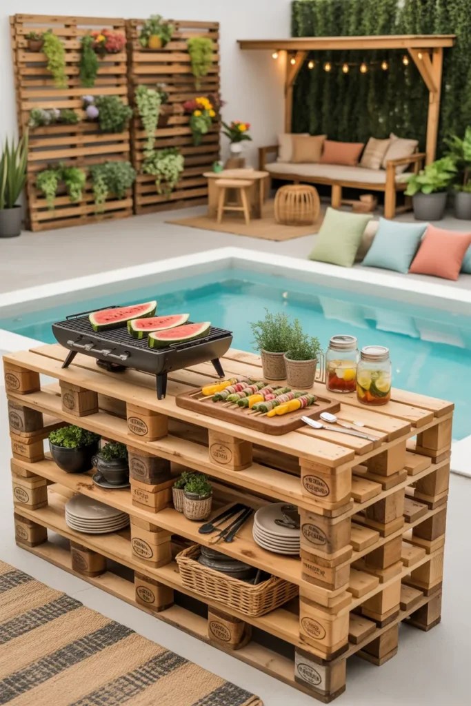 Small outdoor BBQ station ideas with vibrant garden backdrop