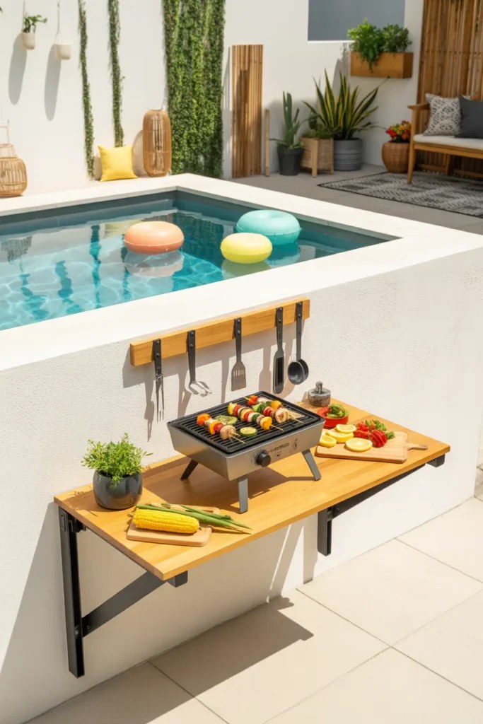 Cozy outdoor BBQ station ideas adorned with string lights