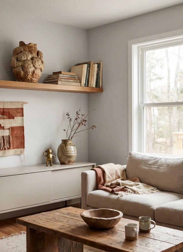 A warm wooden canopy bed setting in an earthy bedroom.