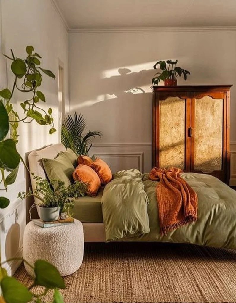 Rustic wood nightstands styled with minimalistic decor.