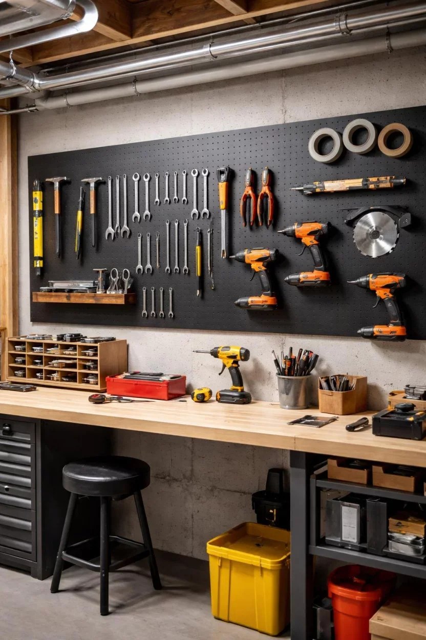 Chic pegboard wall organizer for crafting supplies.