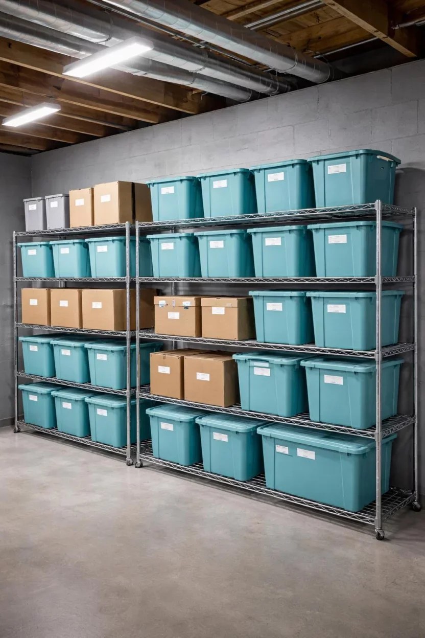 Stylish shelving units decorating a beautiful basement.