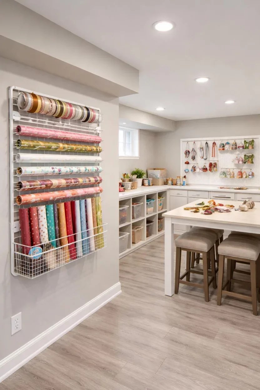 Well-organized basement laundry area with bright lighting.