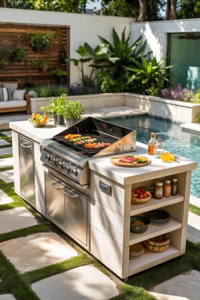 Welcoming outdoor BBQ station ideas with comfortable seating options
