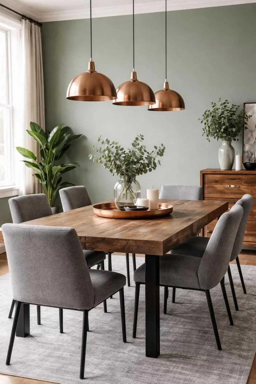 Sage Green Dining Room with Reclaimed Wood Table, Grey Upholstered Chairs, and Triple Copper Dome Pendants