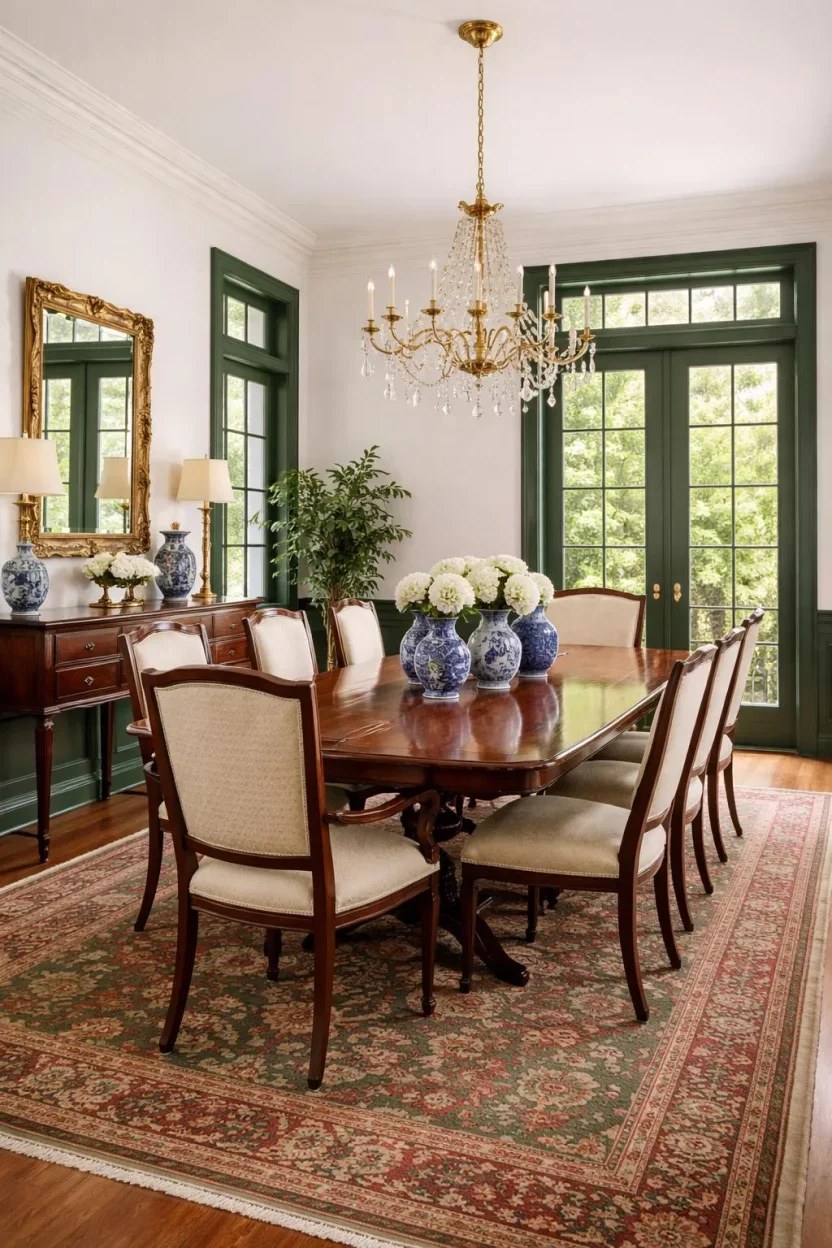 Traditional Green Trim Dining Room with Mahogany Table, Cream Chairs, Blue and White Chinoiserie Vases
