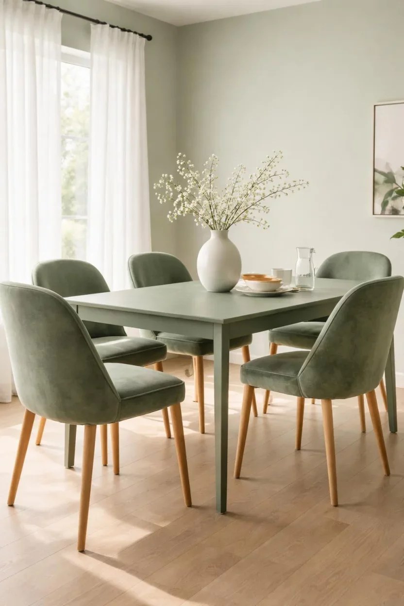 Minimalist Sage Green Dining Room with Matching Green Table, Velvet Chairs, and Wood Legs