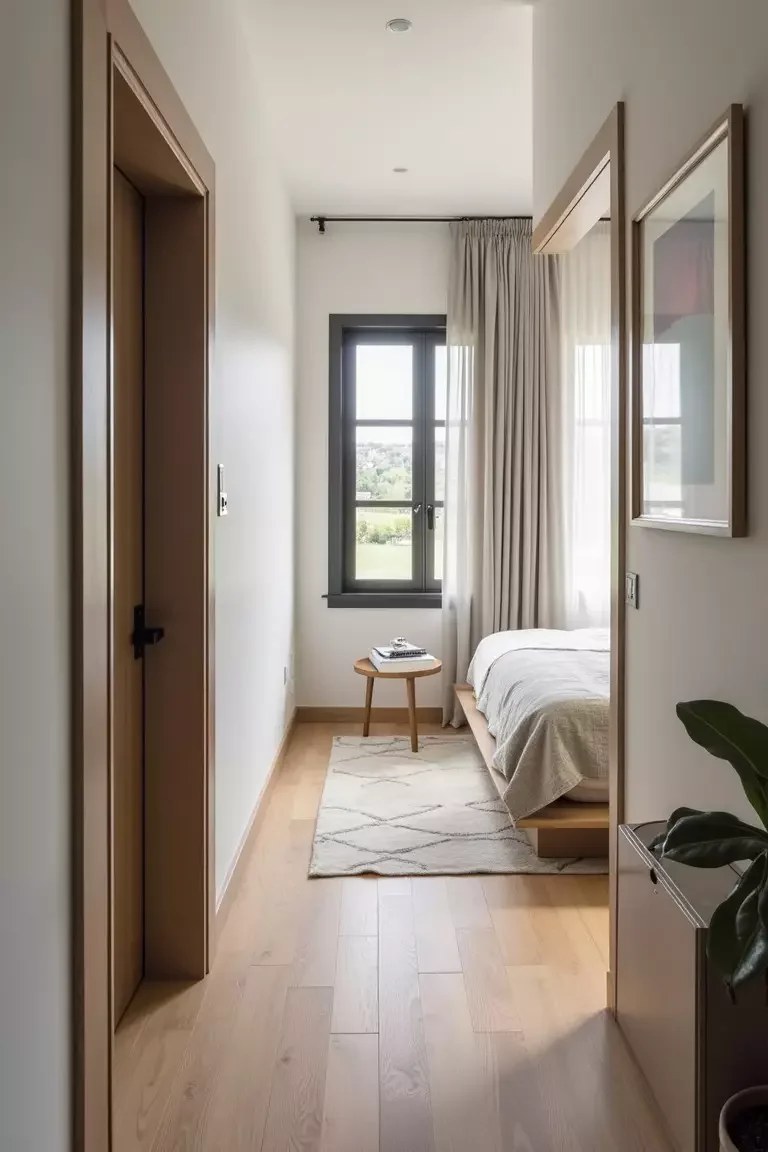 Earthy tones and plants inspire tranquility in a bedroom.