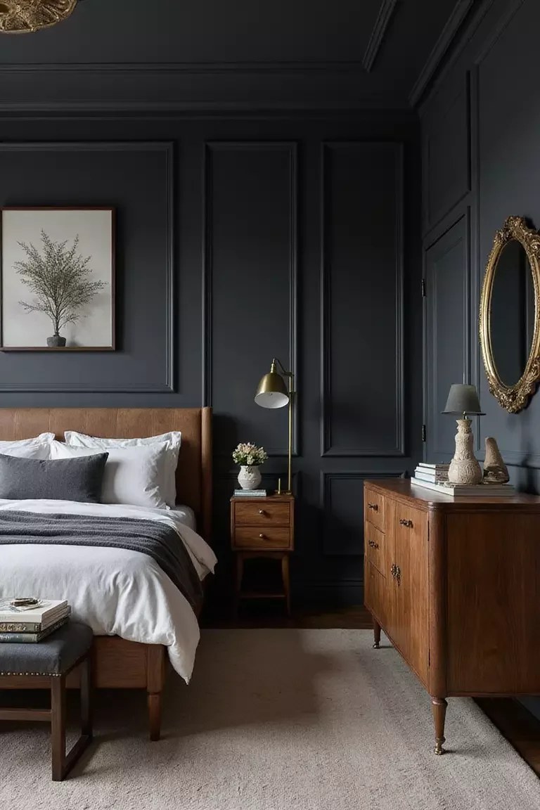 Bold colored bed frame stands out in stylish bedroom.