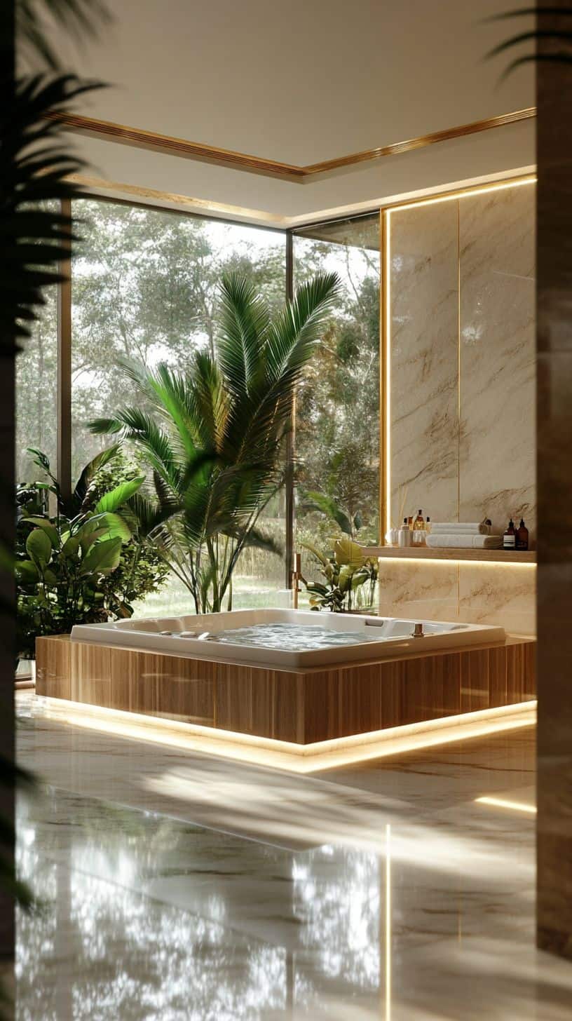 Indoor jacuzzi oasis surrounded by tropical plants.