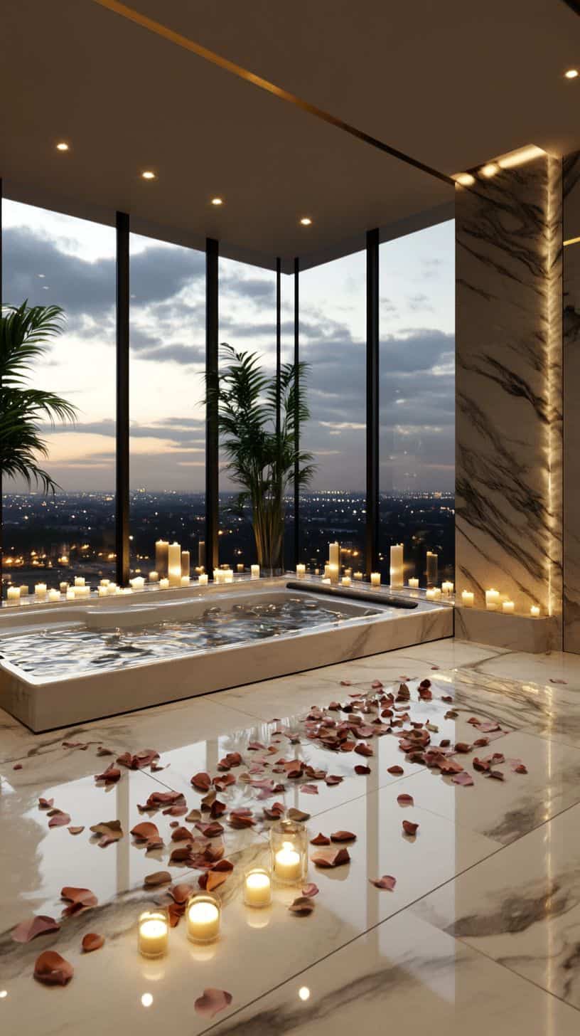 Cozy corner jacuzzi tub with charming decor.