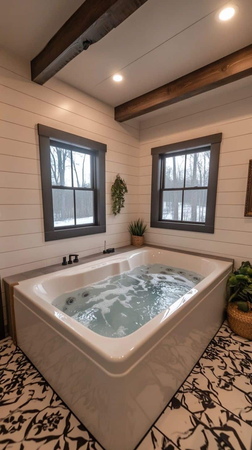 Luxury master bathroom featuring a large jacuzzi.