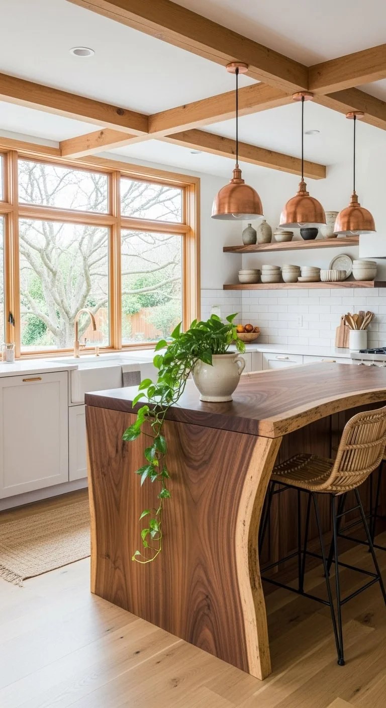 Cozy rustic kitchen featuring exposed wood beams and natural light