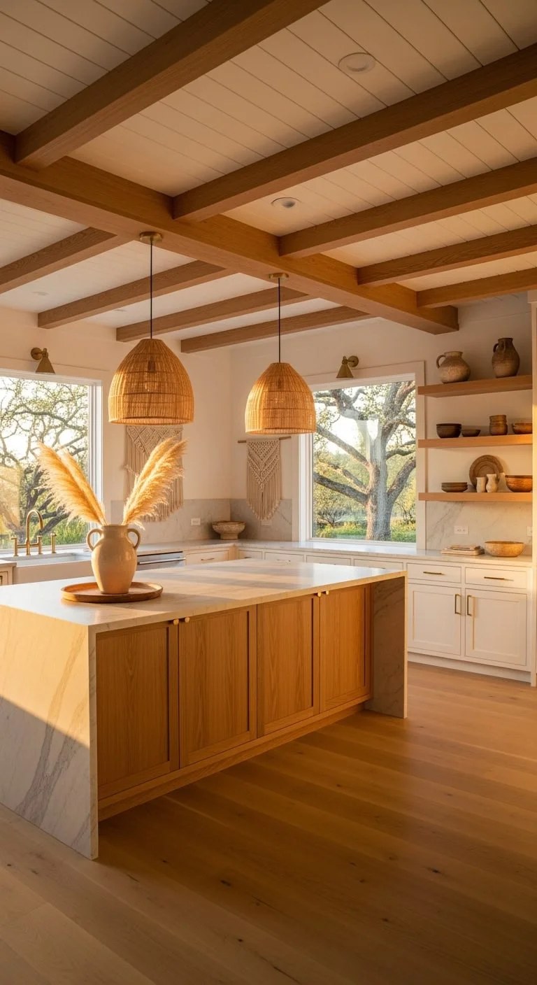 Natural light flooding a farmhouse-style kitchen with large windows