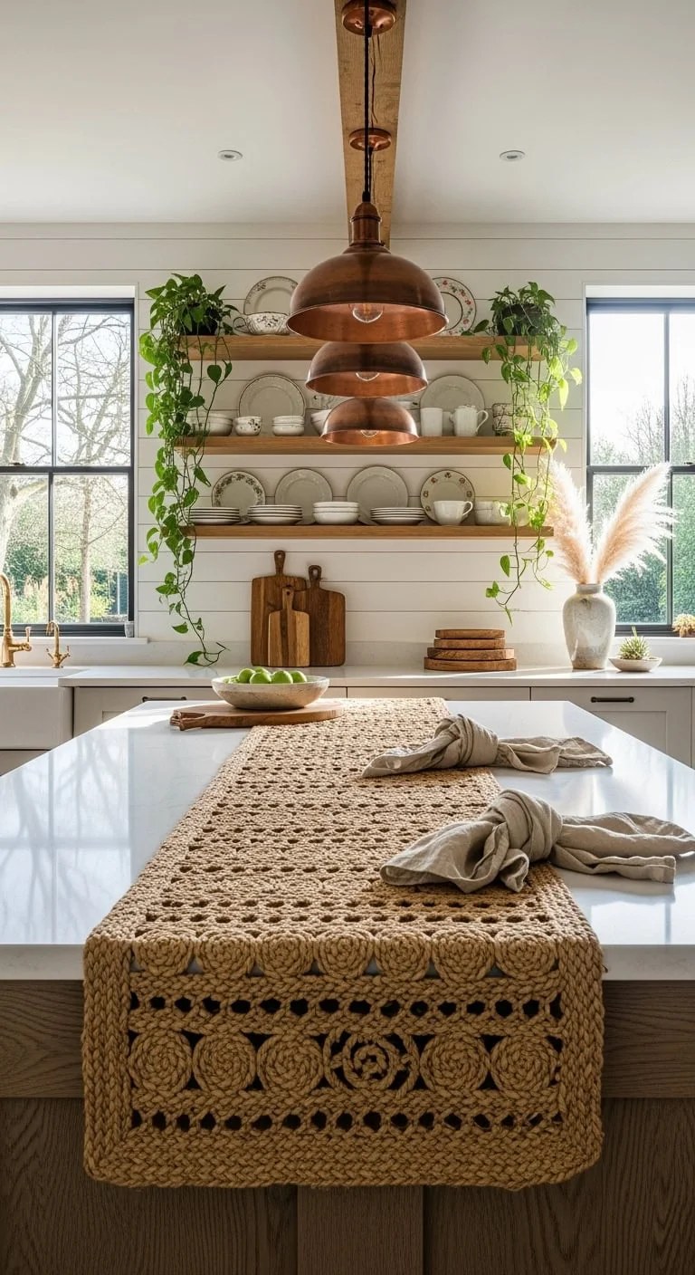 Textured layers of woven rugs in a stylish rustic kitchen
